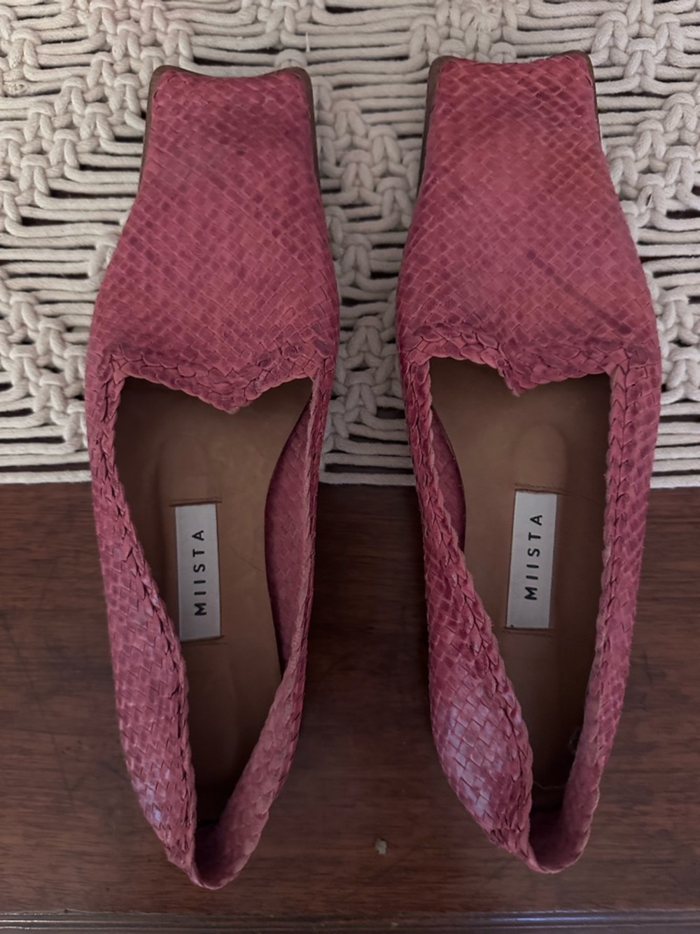 Miista Pink Woven Square-Toe Ballet Flats